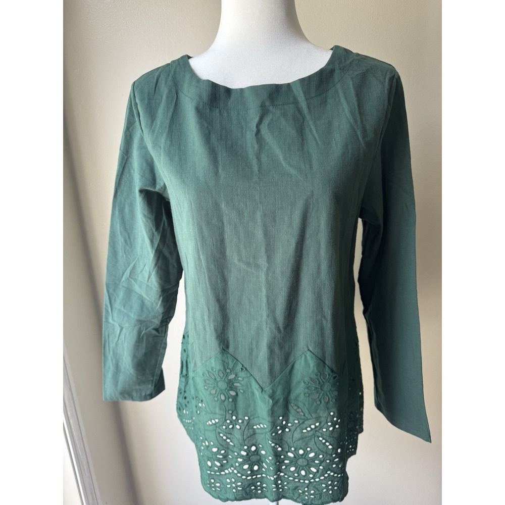 Hunter Green Blouse Featuring Round Neck And Intricate Eyelet Embroidery Size L